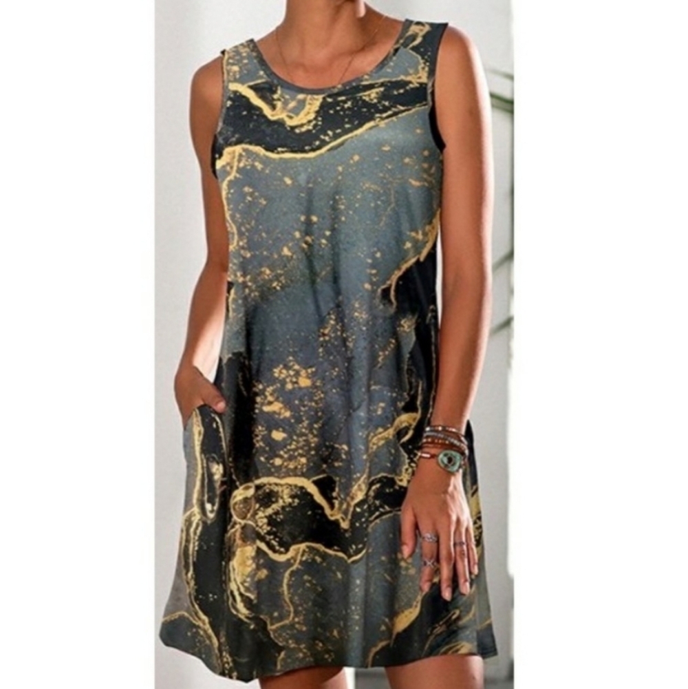 Camisa Blue Marble Sleeveless Dress with Pockets Size S